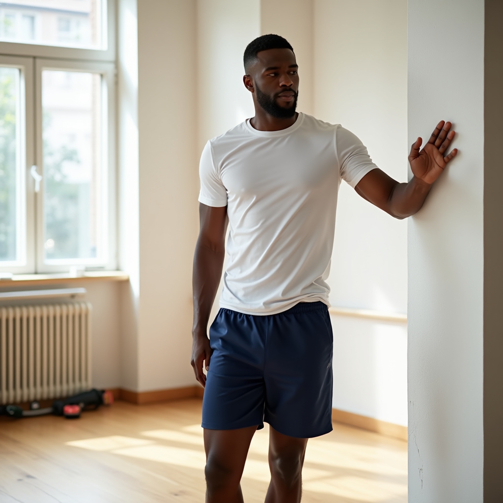 Beginner doing gentle stretching warm-up before exercise in a bright studio