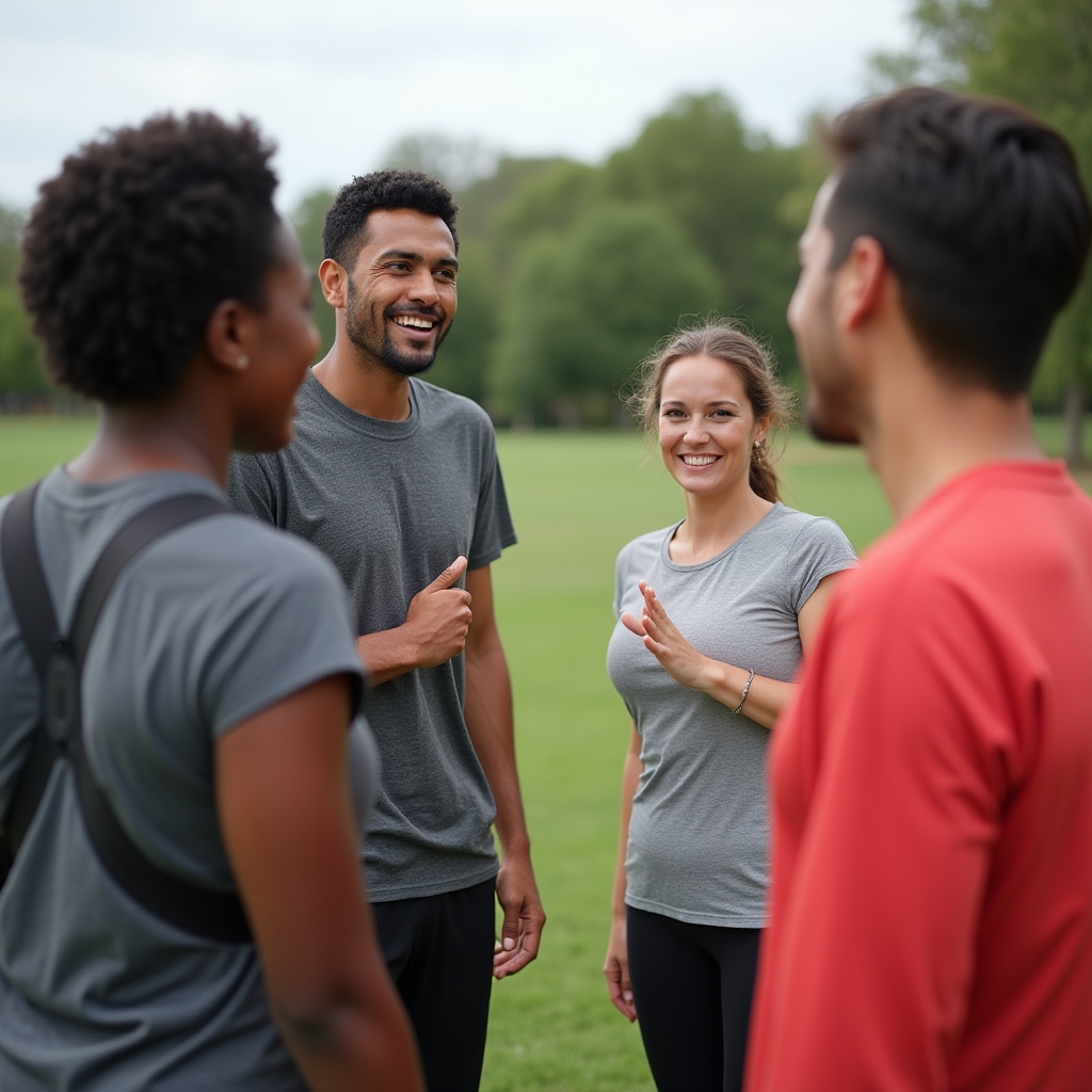 Diverse group of adults of different ages preparing for a group exercise session outdoors