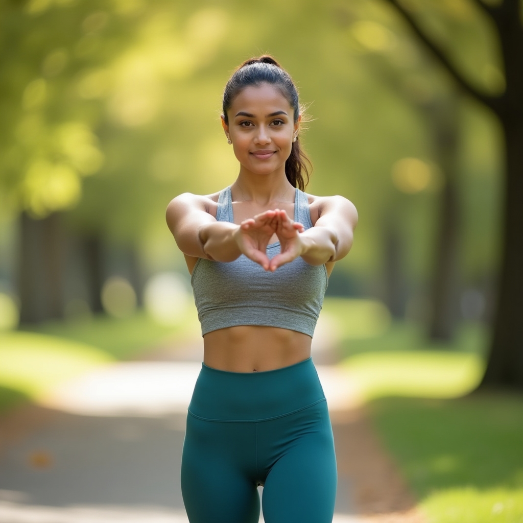 Person beginning a safe warm-up routine outdoors on a bright morning