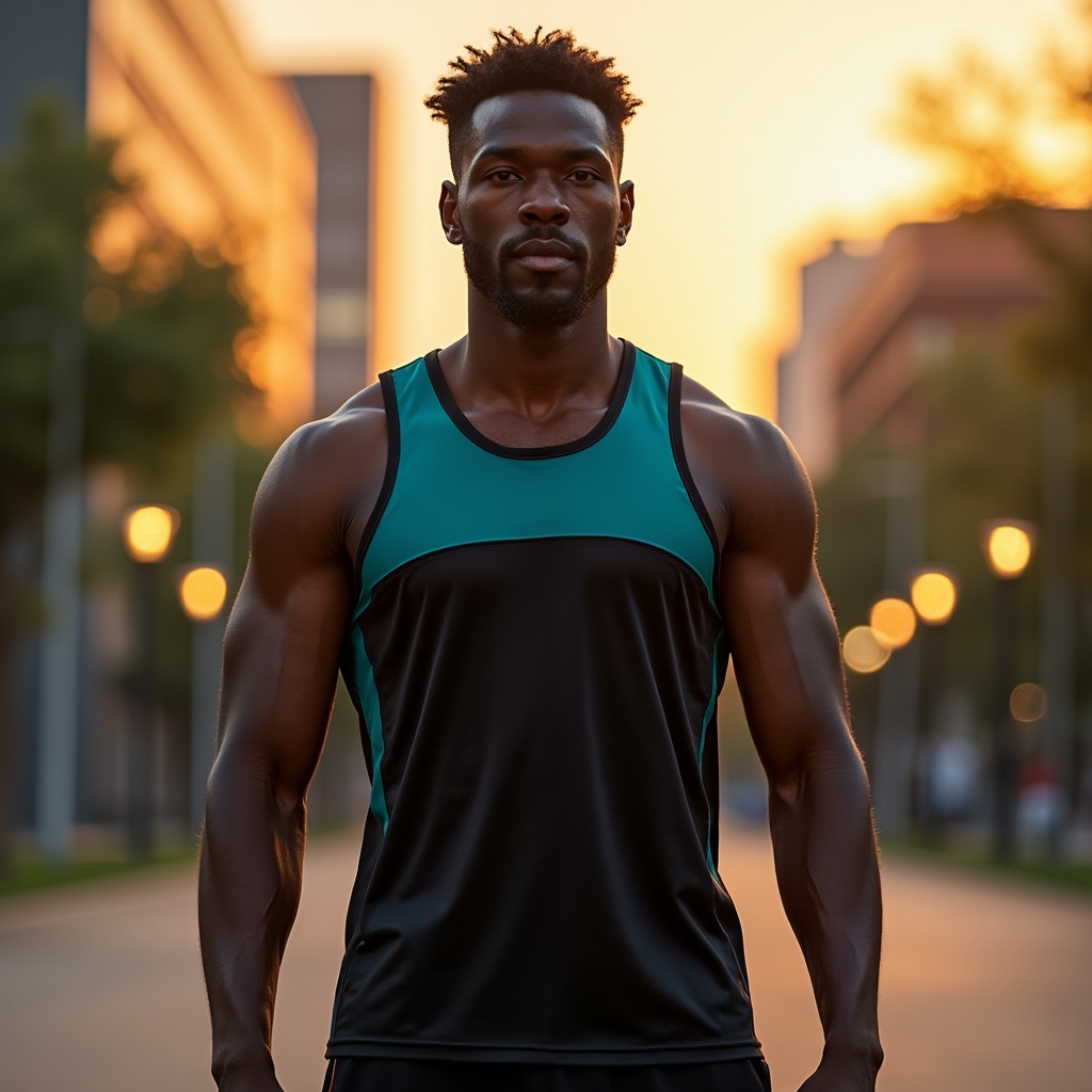 Motivated person in athletic wear standing ready before a workout session, confident expression