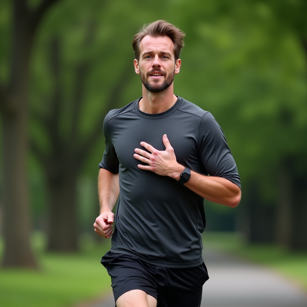 Person pausing during exercise to check their heart rate and listen to body signals, attentive posture